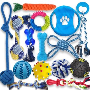 beiker dog teething chew toys - 15 pack tough small medium large breed puppy toys, dogs rope chew toys bundle for boredom, pet interactive squeaky treat dispensing ball for puppies