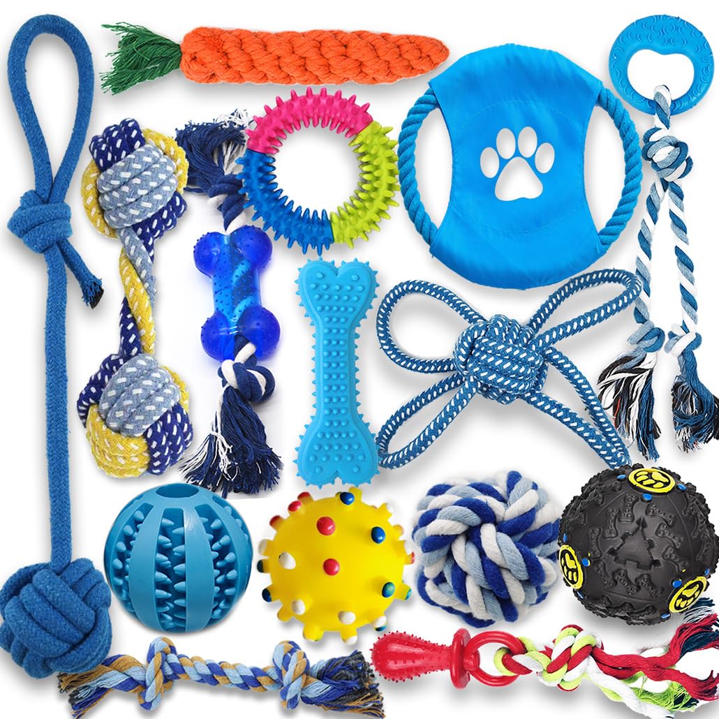 Beiker Dog Teething Chew Toys - 15 Pack Tough Small Medium Large Breed Puppy Toys, Dogs Rope Chew Toys Bundle for Boredom, Pet Interactive Squeaky Treat Dispensing Ball for Puppies