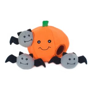 zippypaws halloween burrow interactive dog toys - hide and seek dog toys and puppy toys, colorful squeaky dog toys, and plush dog puzzles, pumpkin with bats