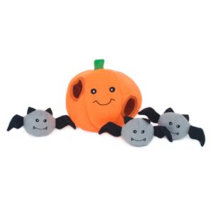 ZippyPaws Halloween Burrow Interactive Dog Toys - Hide and Seek Dog Toys and Puppy Toys, Colorful Squeaky Dog Toys, and Plush Dog Puzzles, Pumpkin with Bats