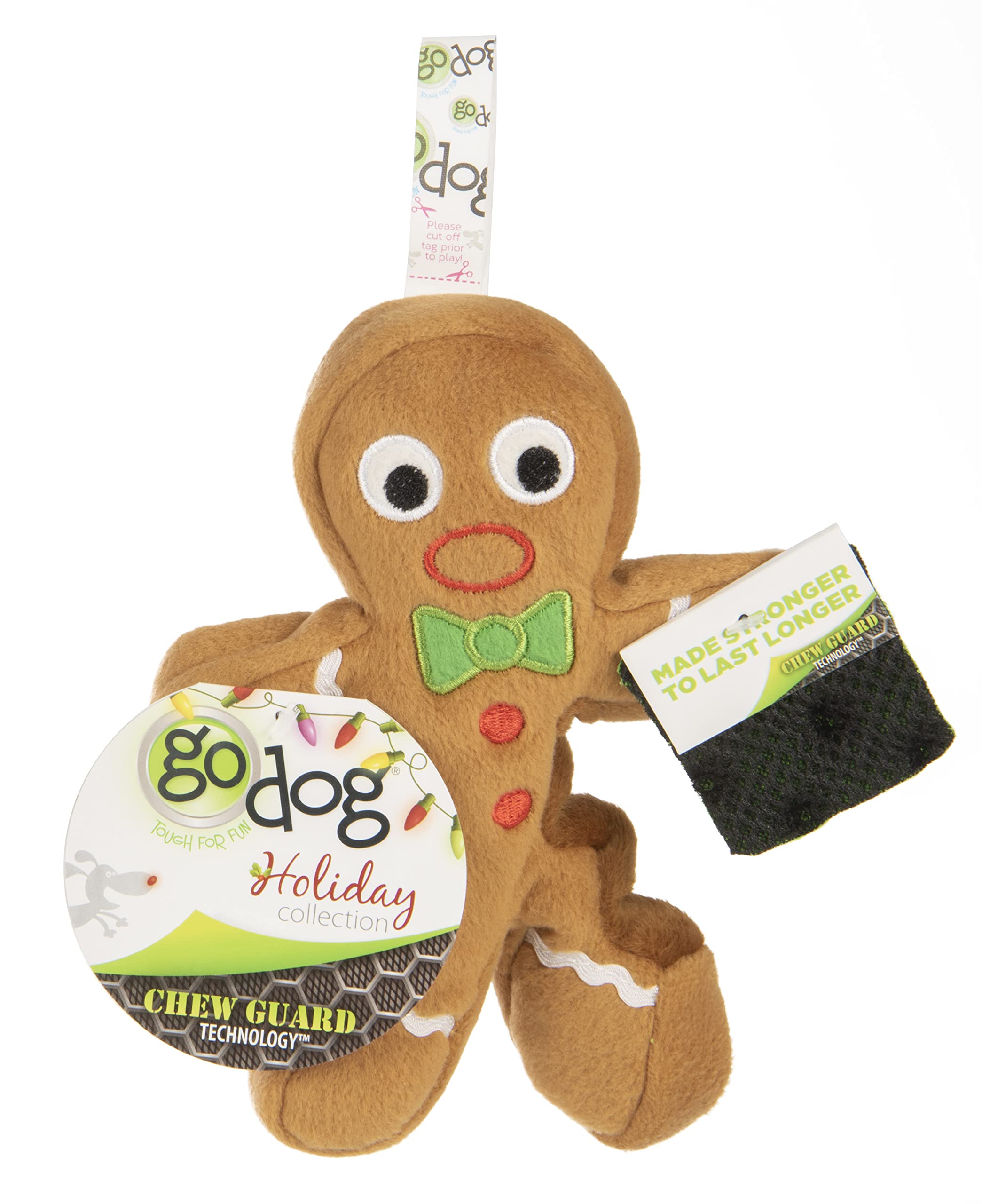 goDog Christmas Gingerbread Man Squeaky Plush Dog Toy, Chew Guard Technology - Brown, Large