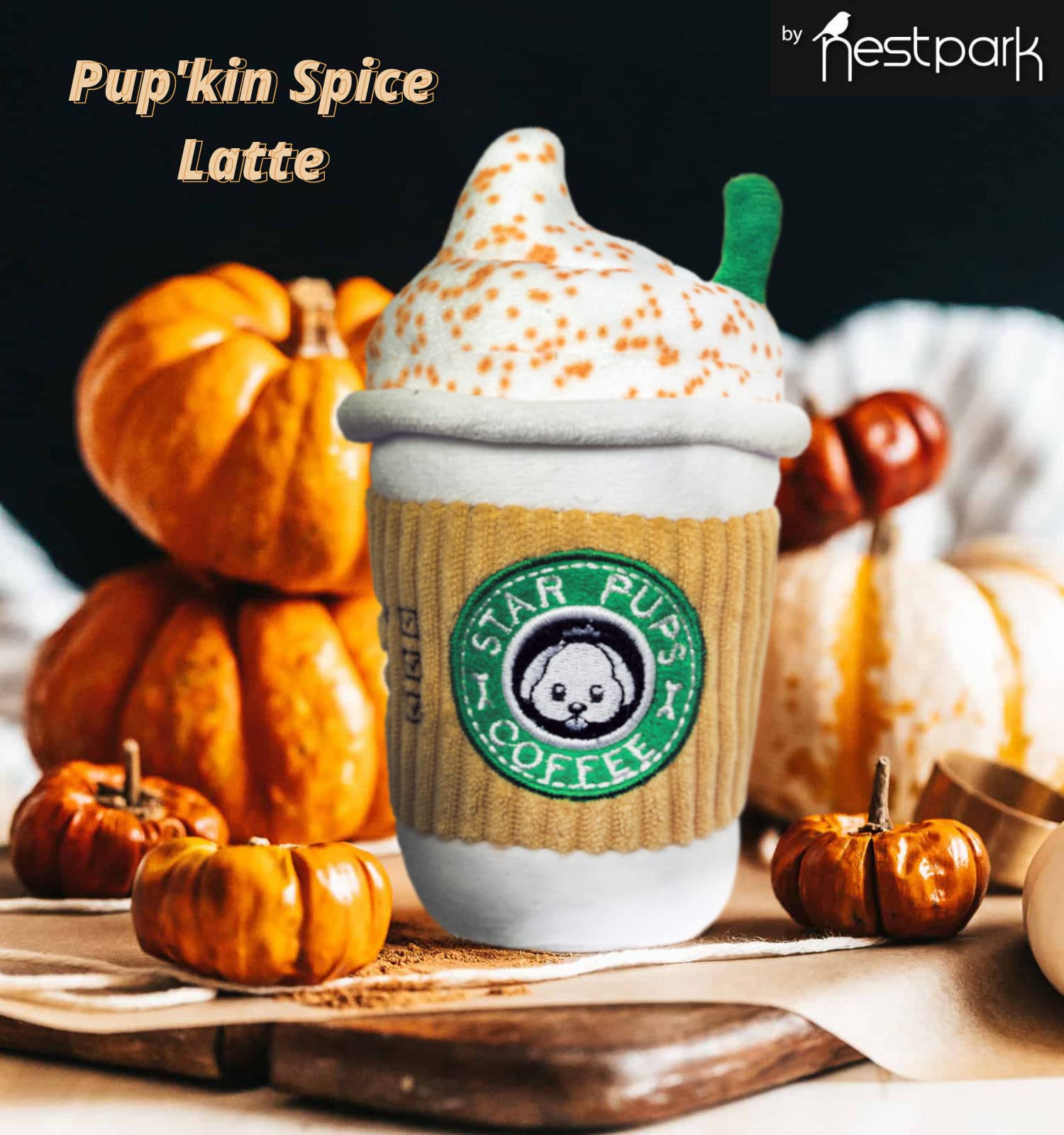 Parody Star Pups Coffee Dog Toy Pup'kin Spice Latte - Fall Funny Parody Plush Squeaky Holiday Toys for Medium, Small and Large - Cute Gifts for Dog Birthday - Cool Stuffed For All Breed Sizes