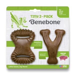 benebone tiny 2-pack dog chew toys, made in usa, real bacon flavor, small