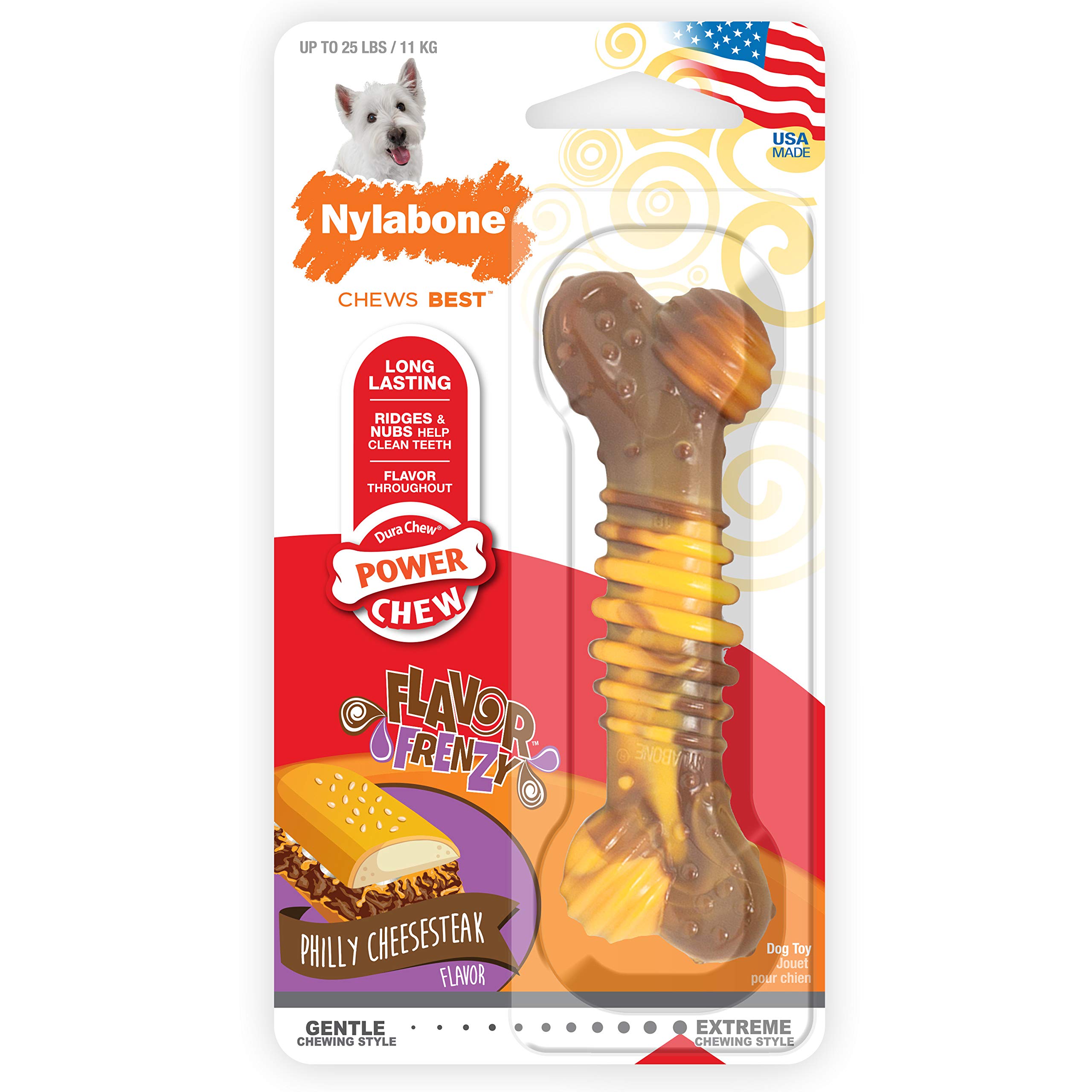 Nylabone Power Chew Flavor Frenzy Dental Bone Chew Toy for Dogs, Indestructible Chew Toys for Aggressive Chewers, Philly Cheesesteak Flavor, Small/Regular - Up to 25 Ibs. (1 Count)