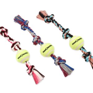 Mammoth Flossy Chews Color 3 Knot Tug w/Standard Tennis Ball – Premium Cotton-Poly Tug Toy for Dogs – Interactive– Rope Dog Toy for Medium Dogs - 20”