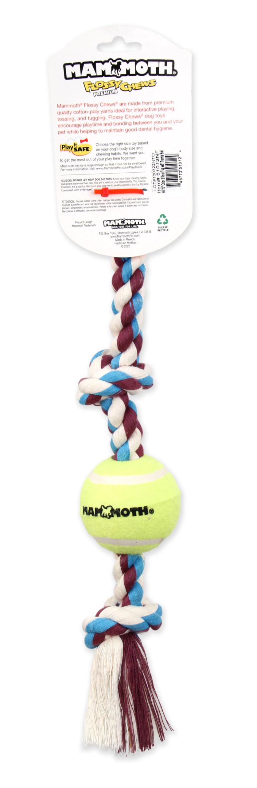 Mammoth Flossy Chews Color 3 Knot Tug w/Standard Tennis Ball – Premium Cotton-Poly Tug Toy for Dogs – Interactive– Rope Dog Toy for Medium Dogs - 20”