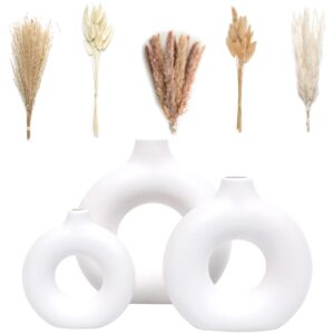 velova set of 3 white ceramic vase with 65 pcs dried pampas grass flowers aesthetic boho modern small round cute vases for decor living room coffee table shelf bedroom office desk home gifts women mom