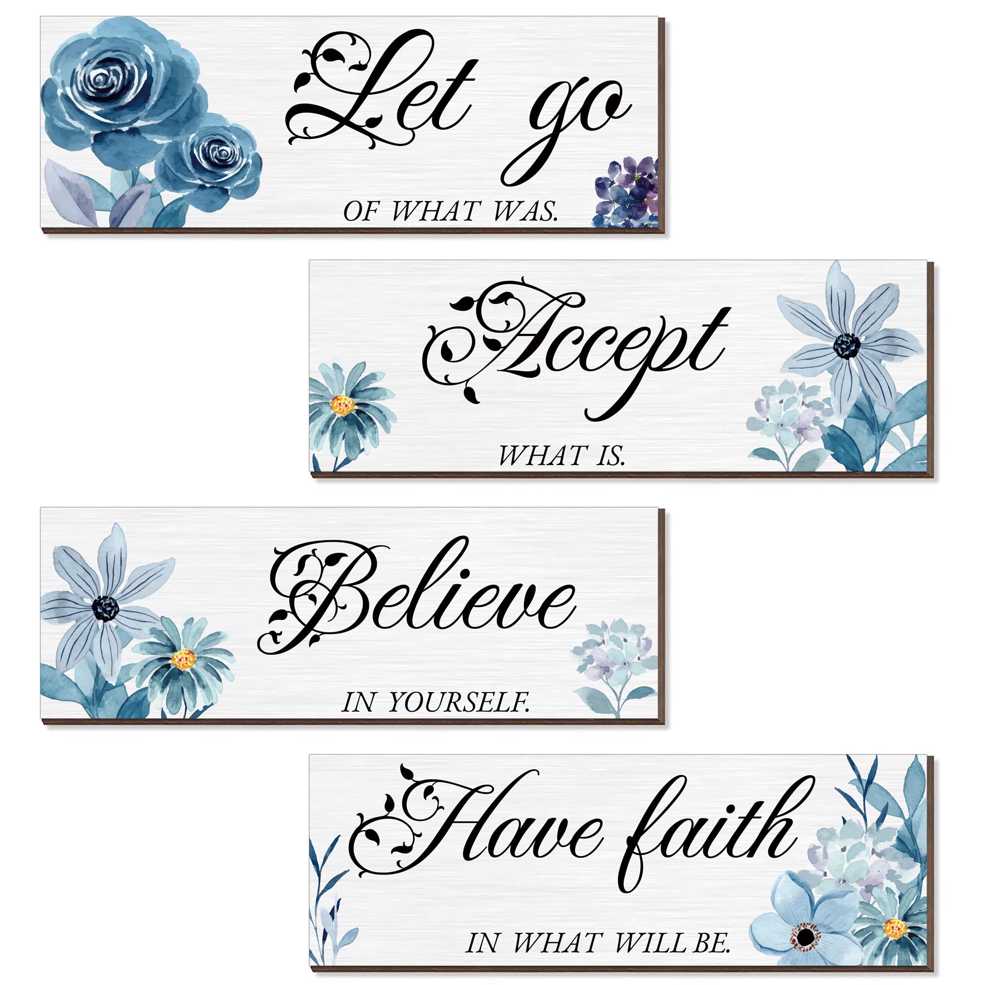 Joyhawk 4 Pieces Blue Flower Wall Decor For Bedroom, Accept-Let go-Have faith-Believe Wooden Inspirational Wall Art Decorations for Living Room Bathroom,Rustic Wooden Farmhouse Home Decor, 12 x 4 Inch