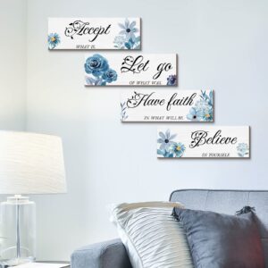 Joyhawk 4 Pieces Blue Flower Wall Decor For Bedroom, Accept-Let go-Have faith-Believe Wooden Inspirational Wall Art Decorations for Living Room Bathroom,Rustic Wooden Farmhouse Home Decor, 12 x 4 Inch