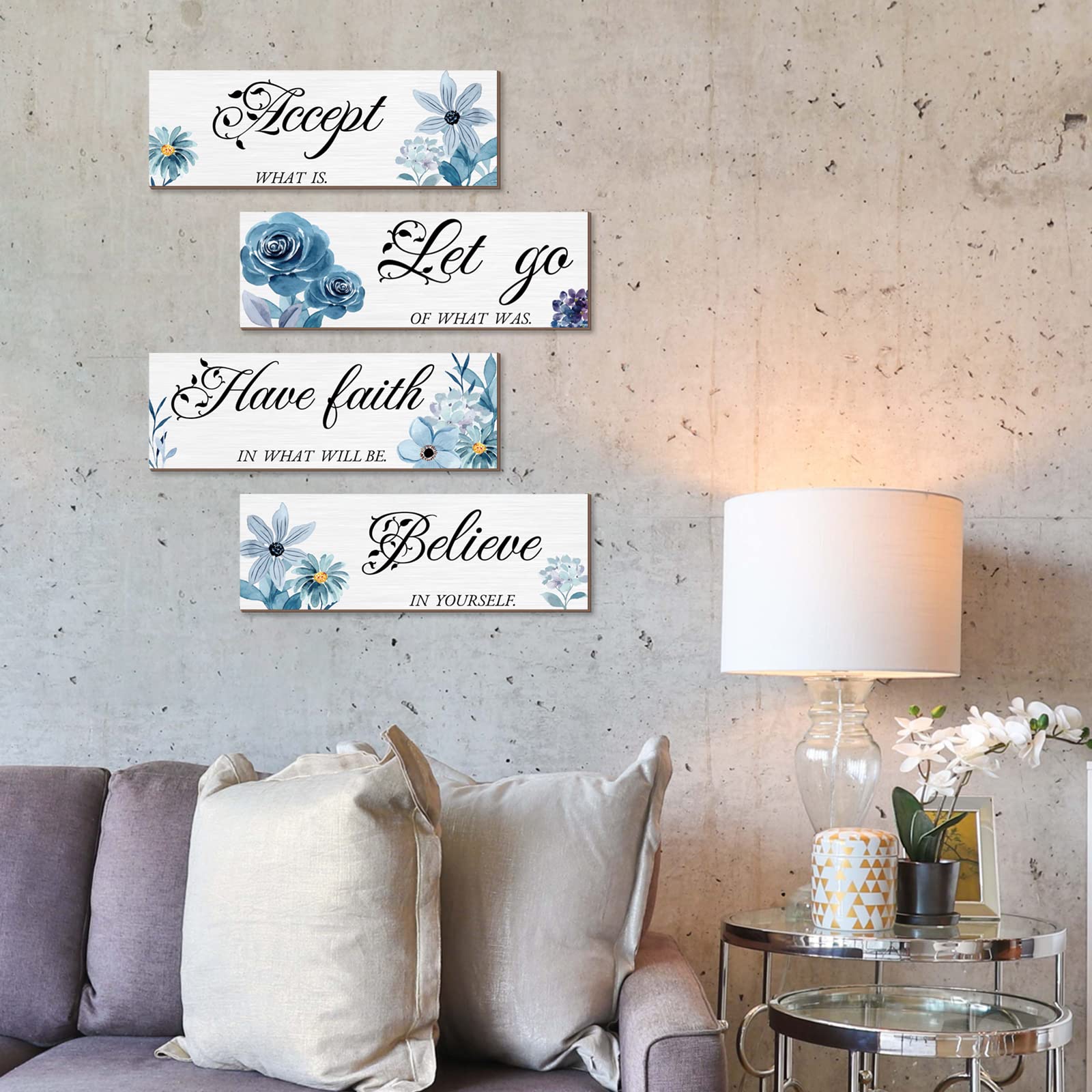 Joyhawk 4 Pieces Blue Flower Wall Decor For Bedroom, Accept-Let go-Have faith-Believe Wooden Inspirational Wall Art Decorations for Living Room Bathroom,Rustic Wooden Farmhouse Home Decor, 12 x 4 Inch