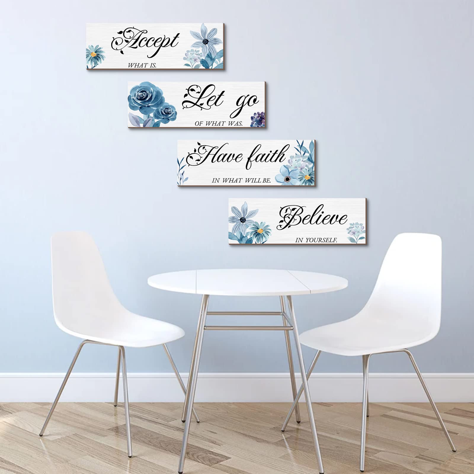 Joyhawk 4 Pieces Blue Flower Wall Decor For Bedroom, Accept-Let go-Have faith-Believe Wooden Inspirational Wall Art Decorations for Living Room Bathroom,Rustic Wooden Farmhouse Home Decor, 12 x 4 Inch