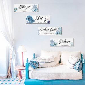 Joyhawk 4 Pieces Blue Flower Wall Decor For Bedroom, Accept-Let go-Have faith-Believe Wooden Inspirational Wall Art Decorations for Living Room Bathroom,Rustic Wooden Farmhouse Home Decor, 12 x 4 Inch