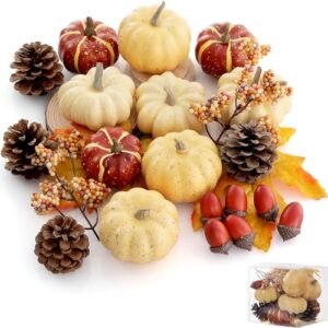 artgar pumpkin decor set, 23 pcs fall harvest decorations including mini pumpkins, acorns, pinecones, berries, maple leaves for home table wedding diy autumn halloween thanksgiving decor