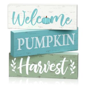 geetery 3 pcs fall decor, thanksgiving table centerpiece, welcome pumpkin harvest wooden block sign fall decorations farmhouse autumn decor for home table office room