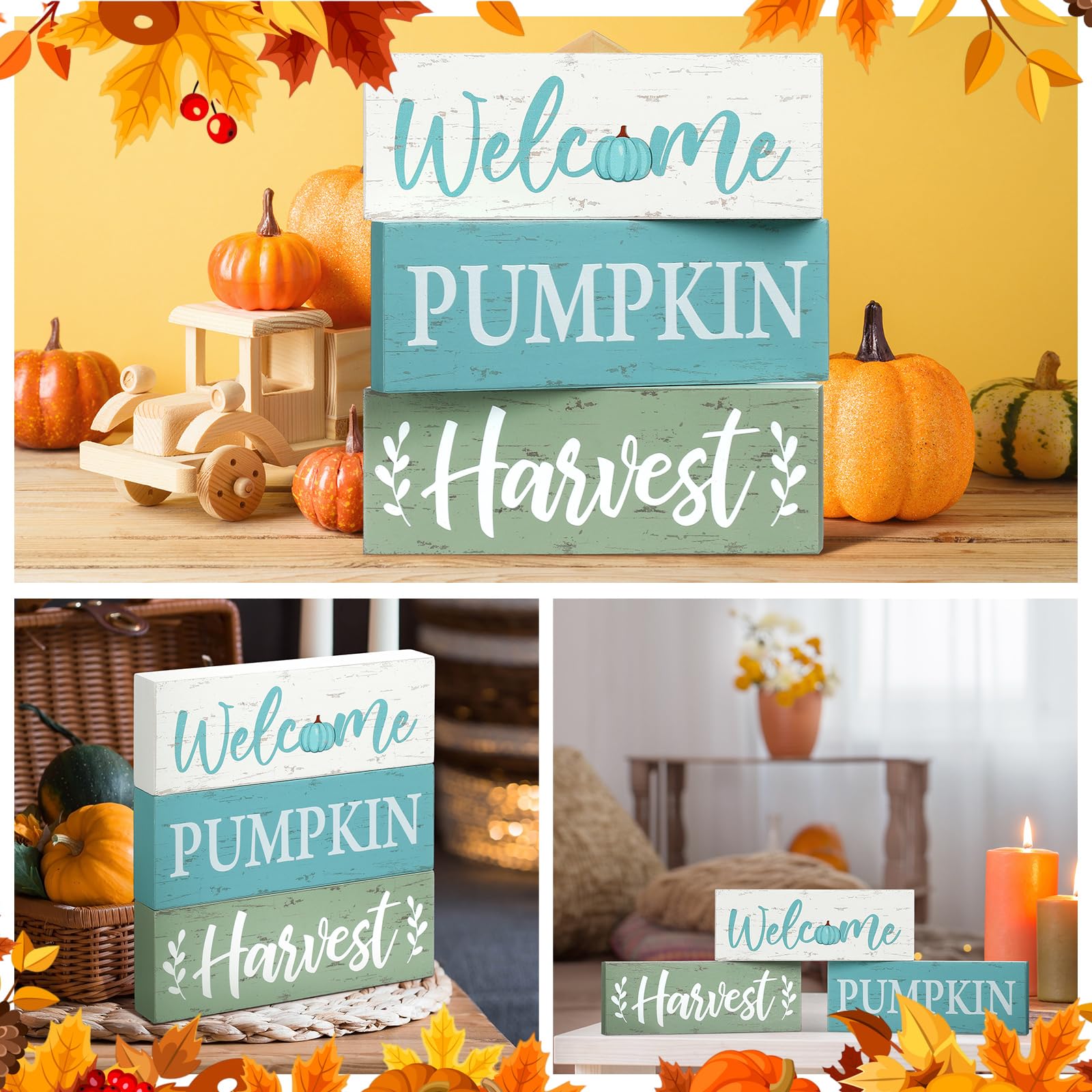 Geetery 3 Pcs Fall Decor, Thanksgiving Table Centerpiece, Welcome Pumpkin Harvest Wooden Block Sign Fall Decorations Farmhouse Autumn Decor for Home Table Office Room