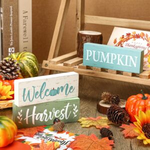 Geetery 3 Pcs Fall Decor, Thanksgiving Table Centerpiece, Welcome Pumpkin Harvest Wooden Block Sign Fall Decorations Farmhouse Autumn Decor for Home Table Office Room