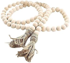 lskytop 58 inches wood bead garland with tassel,farmhouse rustic prayer boho wooden beads for tiered tray coffee table mantel decor (1 pack)