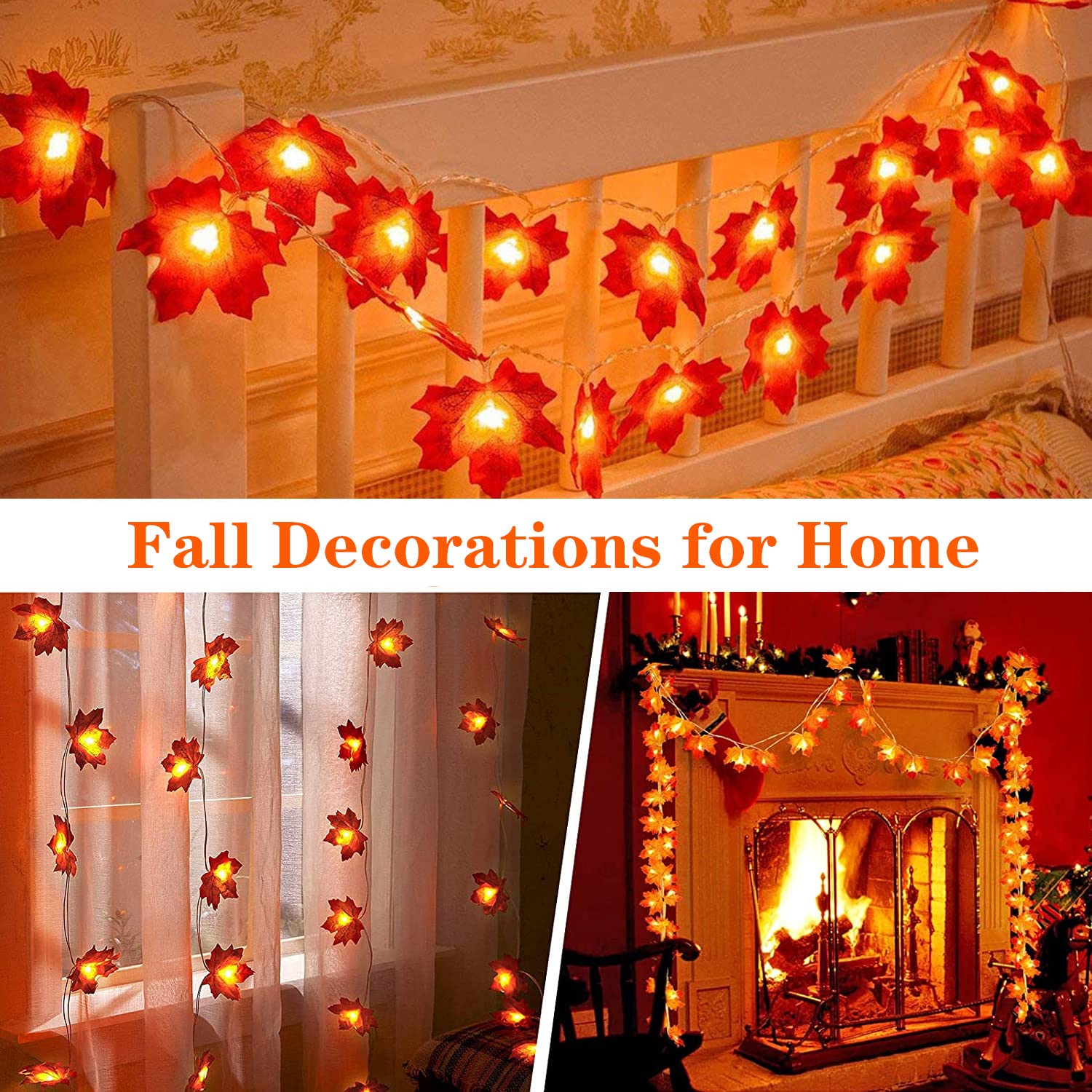 YEGUO 4 PCS Fall Decorations for Home, Thanksgiving Lights Battery Operated, Total 40ft 80 LED Lighted Fall Garland Maple Leaves for Halloween Holiday Autumn Harvest Fall Thanksgiving Decor