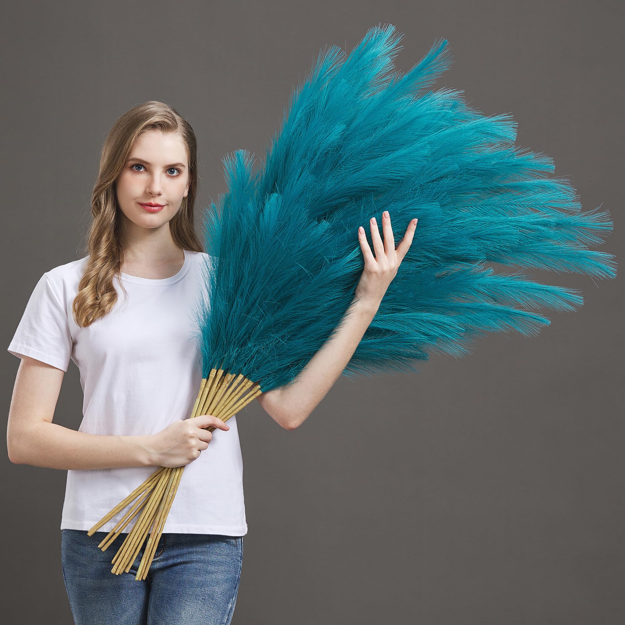 Aurora Prime 7PCS Faux Pampas Grass-45 Inches/3.75ft Large Boho Decor Fluffy Artificial Pompas Grass Décor Tall Vase Filler for Home Wedding Decoration (Blue)