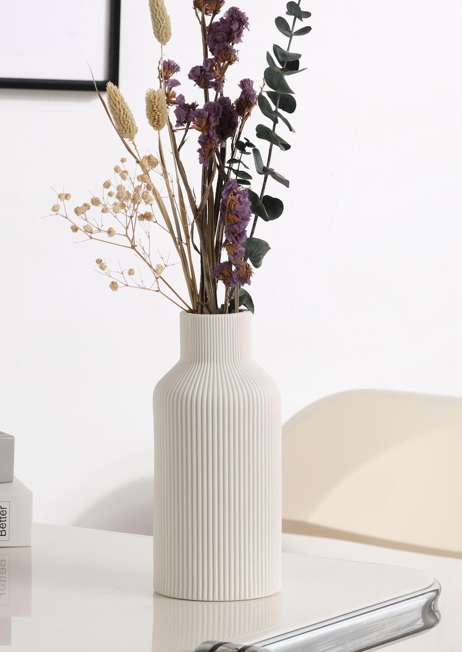 White Ceramic Flower Vase, Minimalist Modern Home Decor, Small Pampas Grass Vases for Table, Shelf Bookshelf, Mantel, Entryway and Centerpieces (8 in)