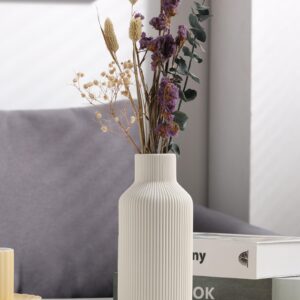 White Ceramic Flower Vase, Minimalist Modern Home Decor, Small Pampas Grass Vases for Table, Shelf Bookshelf, Mantel, Entryway and Centerpieces (8 in)