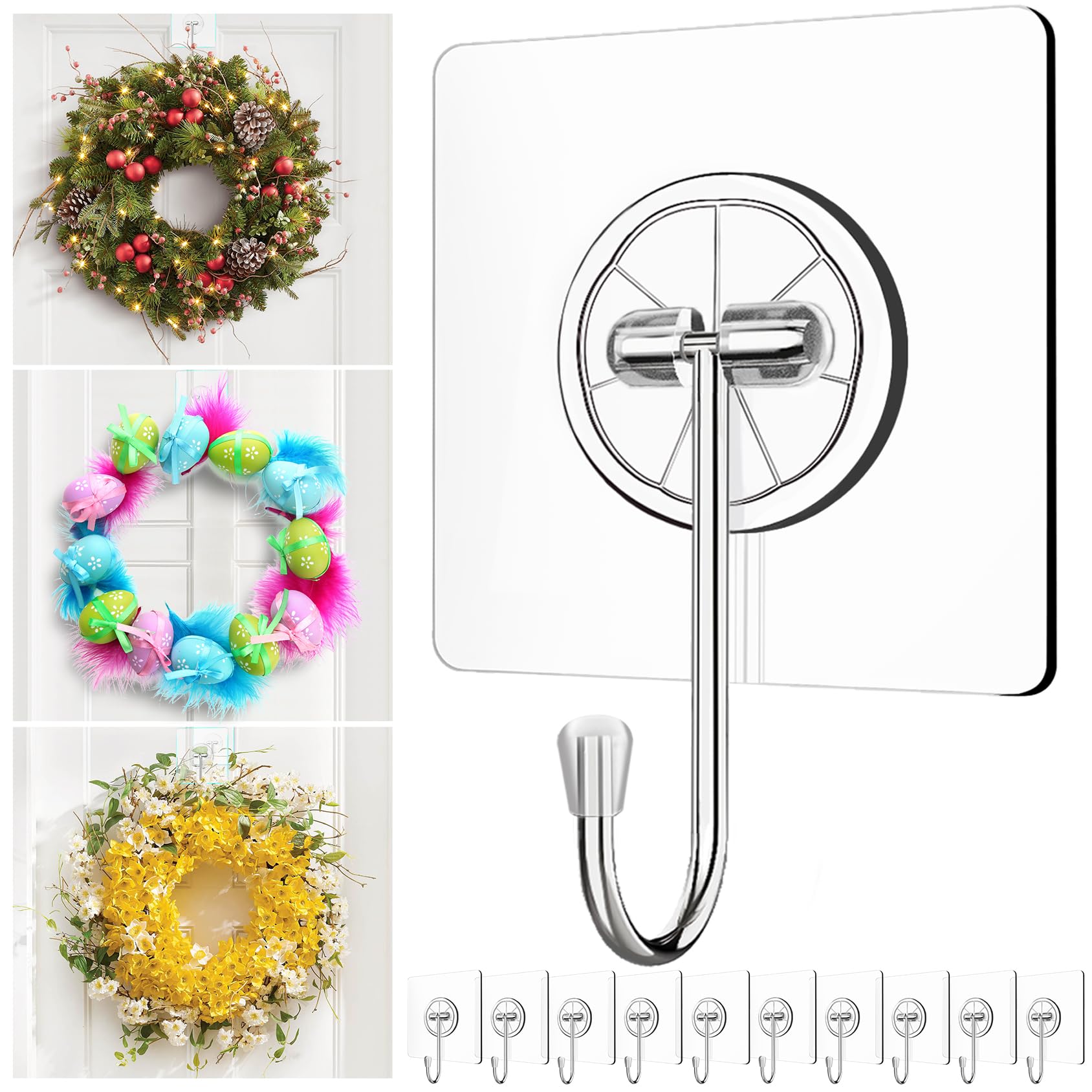 Wreath-Hangers-for-Front-Door,Large Clear Wreath-Door-Hanger-Easter-Christmas-Halloween-Decorations,60lb Over-The-Door-Hooks Glass Door,Adhesive-Wall-Hooks for Hanging Wreath Home-Decor Inside Outside