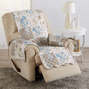 Great Bay Home Reversible Floral Patchwork Furniture Protector Scalloped Edge Stain Resistant Printed Furniture Protector Maribel Collection (Recliner, Taupe/Blue)