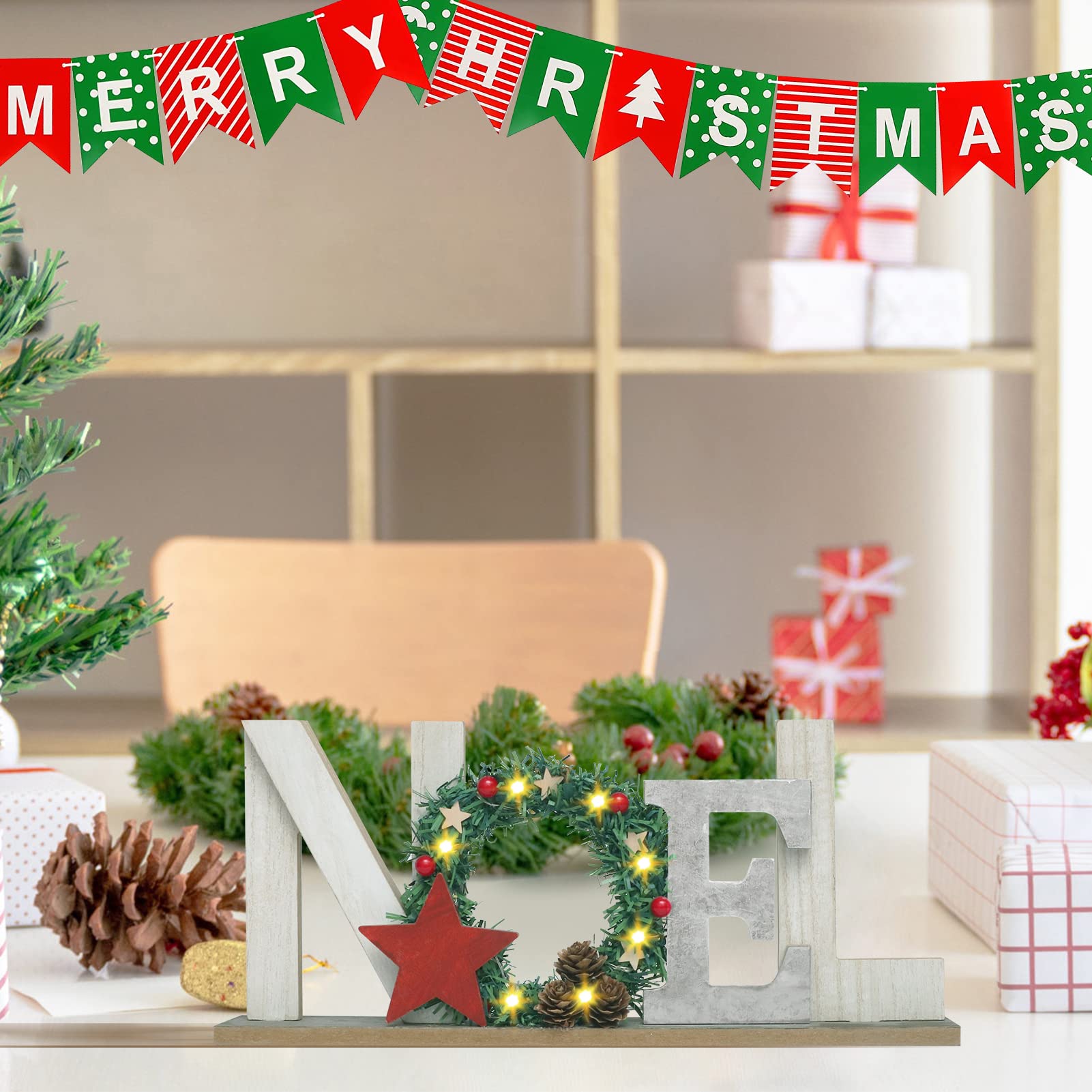 SY Super Bang Christmas Noel Sign Decorations, 13.77"/35CM Rustic Wooden Xmas Tabletop Decor, for Home Farmhouse Indoor Holiday Party Decor.