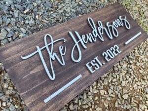 personzalized 3d style effect wood sign for easy customization and family name wedding gift (white text - espresso stain)