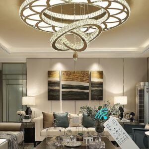 Flashing God W40inches Big Crystal Chandeliers Lampara De Sala Grande Moderna Flush Mount Large Pendant Chandeliers High Ceiling Chandelier for Living Room Dining Room Bedroom LED Dimmable 2700-6000k