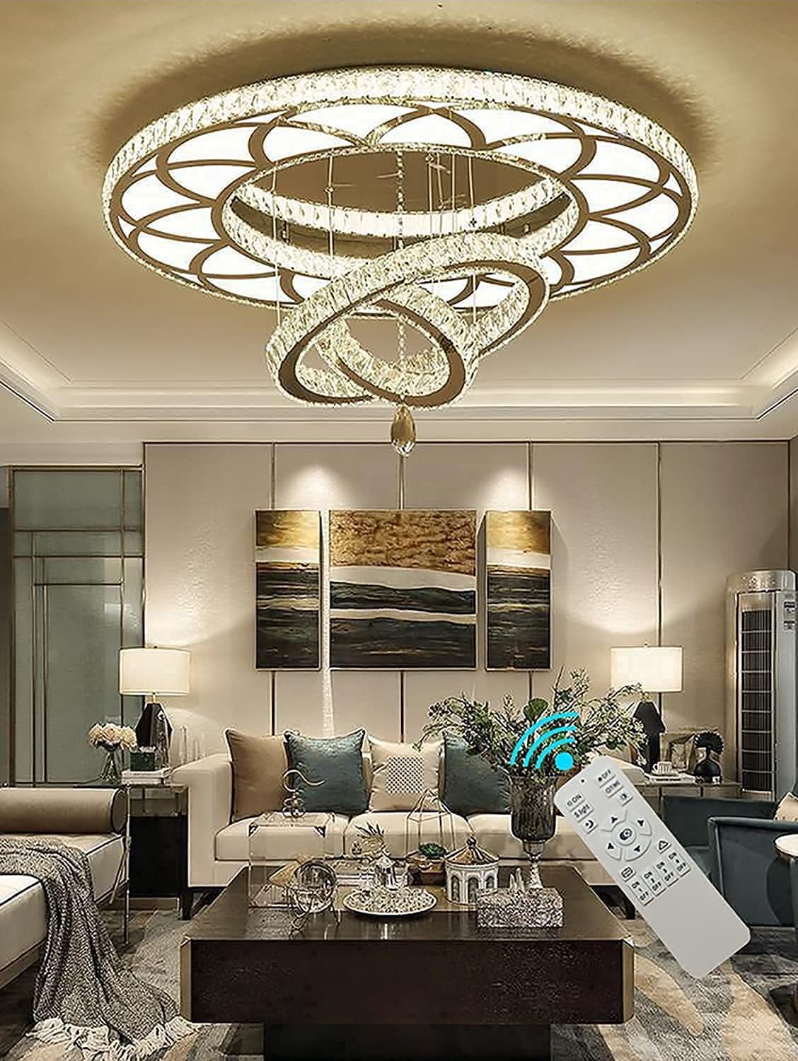 Flashing God W40inches Big Crystal Chandeliers Lampara De Sala Grande Moderna Flush Mount Large Pendant Chandeliers High Ceiling Chandelier for Living Room Dining Room Bedroom LED Dimmable 2700-6000k