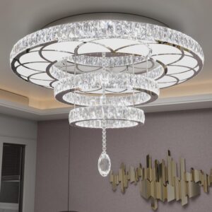 Flashing God W40inches Big Crystal Chandeliers Lampara De Sala Grande Moderna Flush Mount Large Pendant Chandeliers High Ceiling Chandelier for Living Room Dining Room Bedroom LED Dimmable 2700-6000k