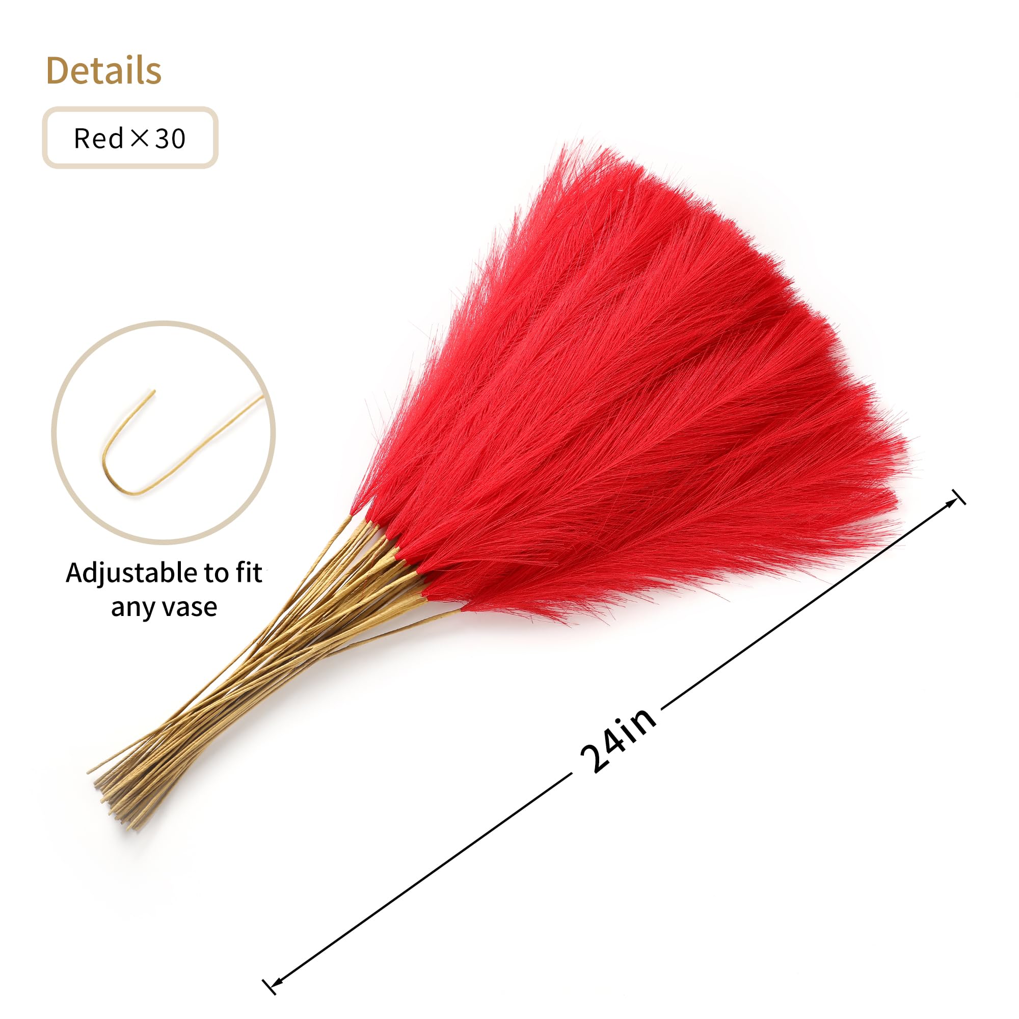 Wertuirk Red Pampas Grass Decor - 30pcs 24 Inch Short Artificial Pampas Grass Decor, Fake Pompas Floral for Vase filler, Wedding Flower Arrangement, Party and Home Decor (Red)