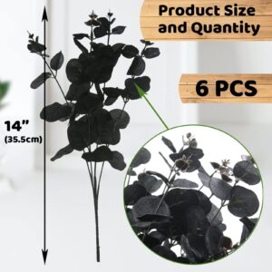 Hananona 6 Pcs Artificial Black Eucalyptus Stems, 14" Eucalyptus Leaves Branches Bouquet for Flower Arrangement DIY, Black Silk Flowers for Home Halloween Farmhouse Decor (Black, 6)