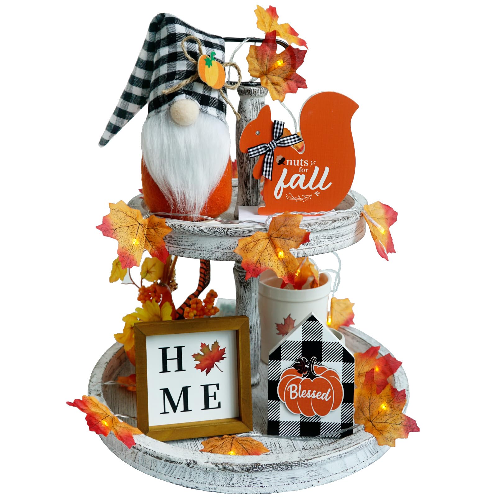 Fall Decor Fall Gnome Tiered Tray Decorations set Farmhouse Thankgiving Home Table Decor 3m Fall string lights Decor, Plaid Fall Gnomes Plush - Fall Wood Signs - Harvest Decorations for Home