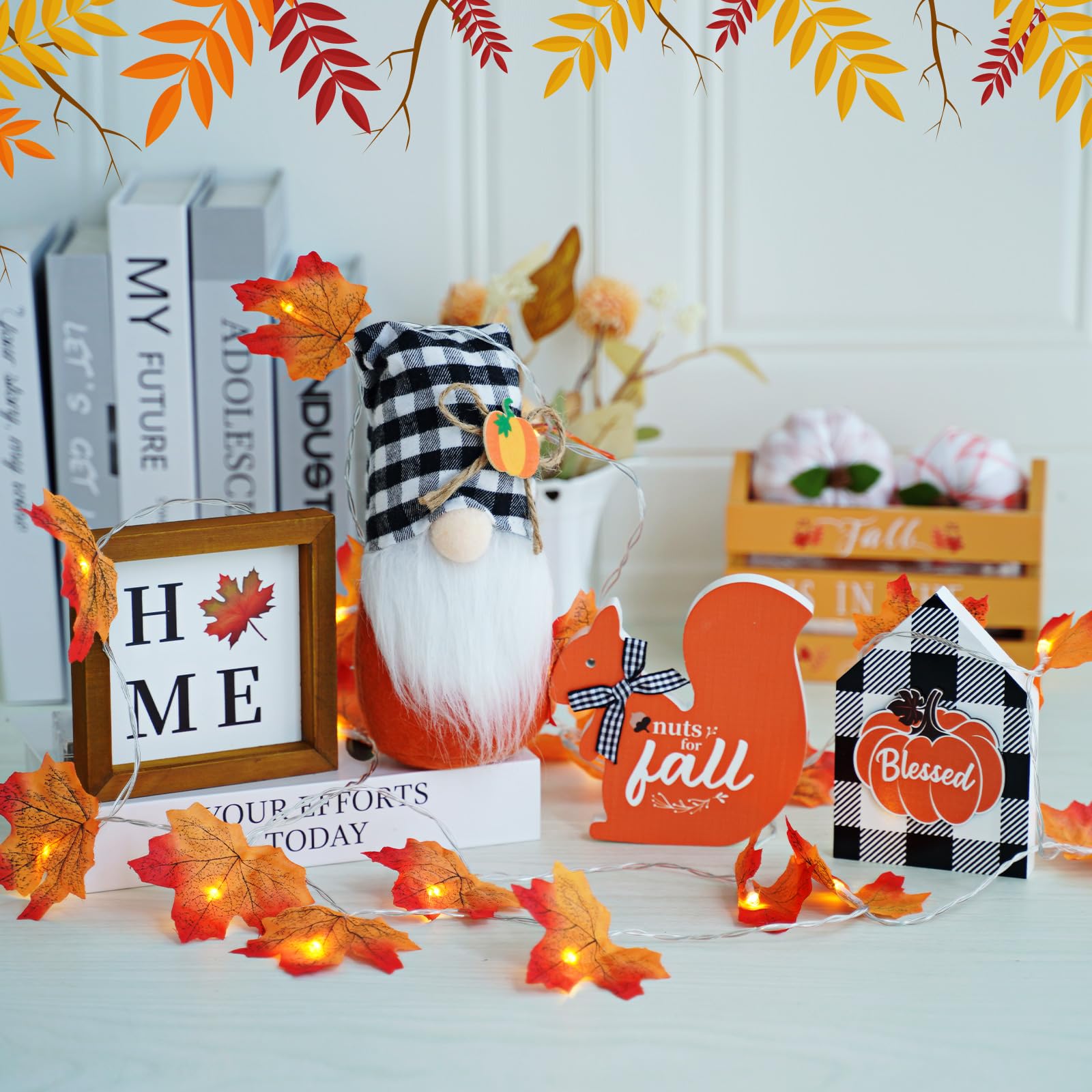 Fall Decor Fall Gnome Tiered Tray Decorations set Farmhouse Thankgiving Home Table Decor 3m Fall string lights Decor, Plaid Fall Gnomes Plush - Fall Wood Signs - Harvest Decorations for Home