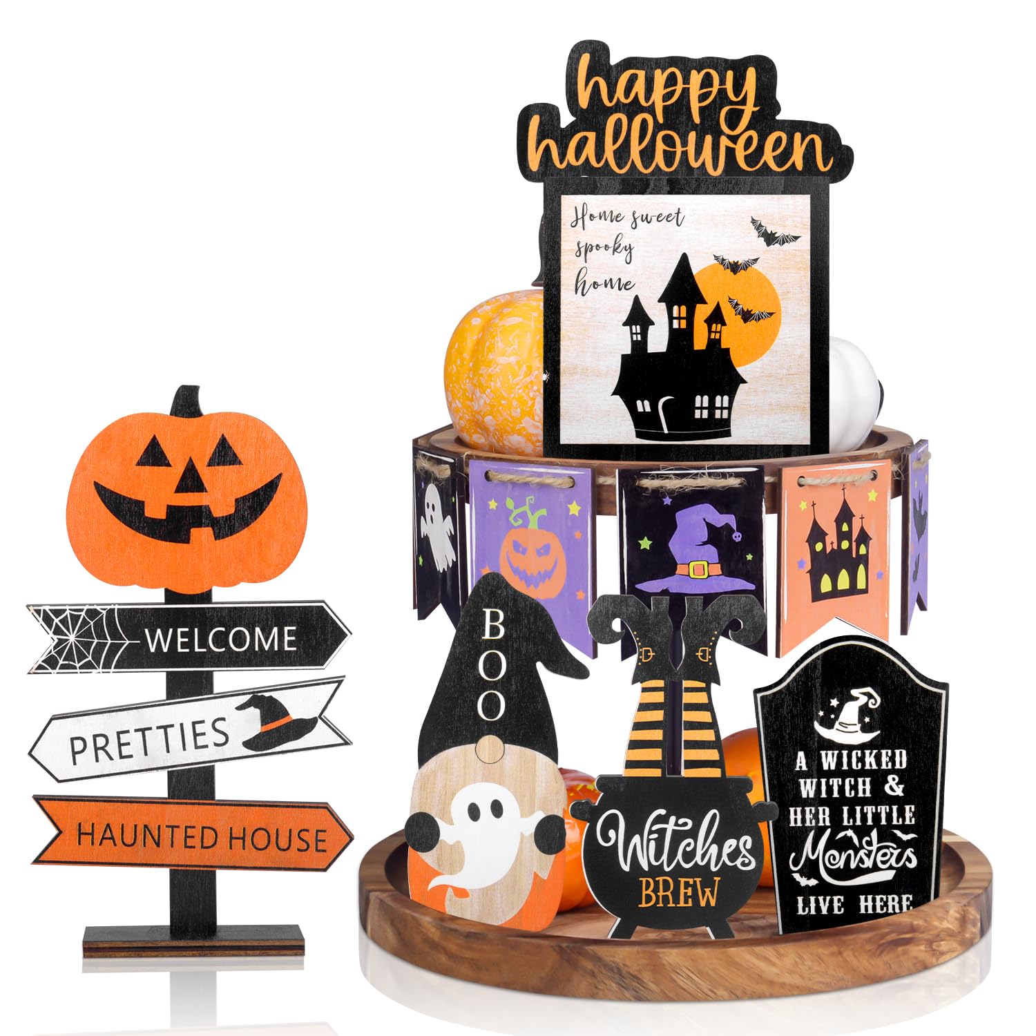 Halloween Tiered Tray Decor |Happy Halloween Decorations Indoor| Rustic Halloween Wooden Sign for Kitchen Home Table Room, 14PCs Halloween Party Supplies(Tray Not Included)