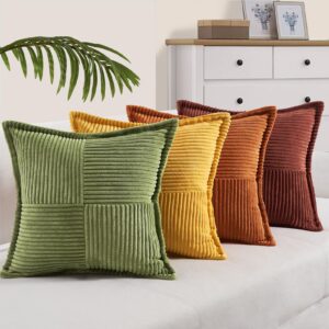 Topfinel Burnt Orange Fall Decorative Throw pillows covers 18x18 Inch Set of 4,Rustic Corduroy Striped Splicing Yellow Green Orange Pillowcase Home Decor,Square Cushion Covers for Couch Sofa Bed