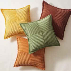 Topfinel Burnt Orange Fall Decorative Throw pillows covers 18x18 Inch Set of 4,Rustic Corduroy Striped Splicing Yellow Green Orange Pillowcase Home Decor,Square Cushion Covers for Couch Sofa Bed