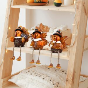 alladinbox thanksgiving turkey tabletop centerpieces 3 pcs resin pilgrim turkey figurines thanksgiving decorative shelf sitters with dangling legs, harvest fall decor home kitchen autumn displays