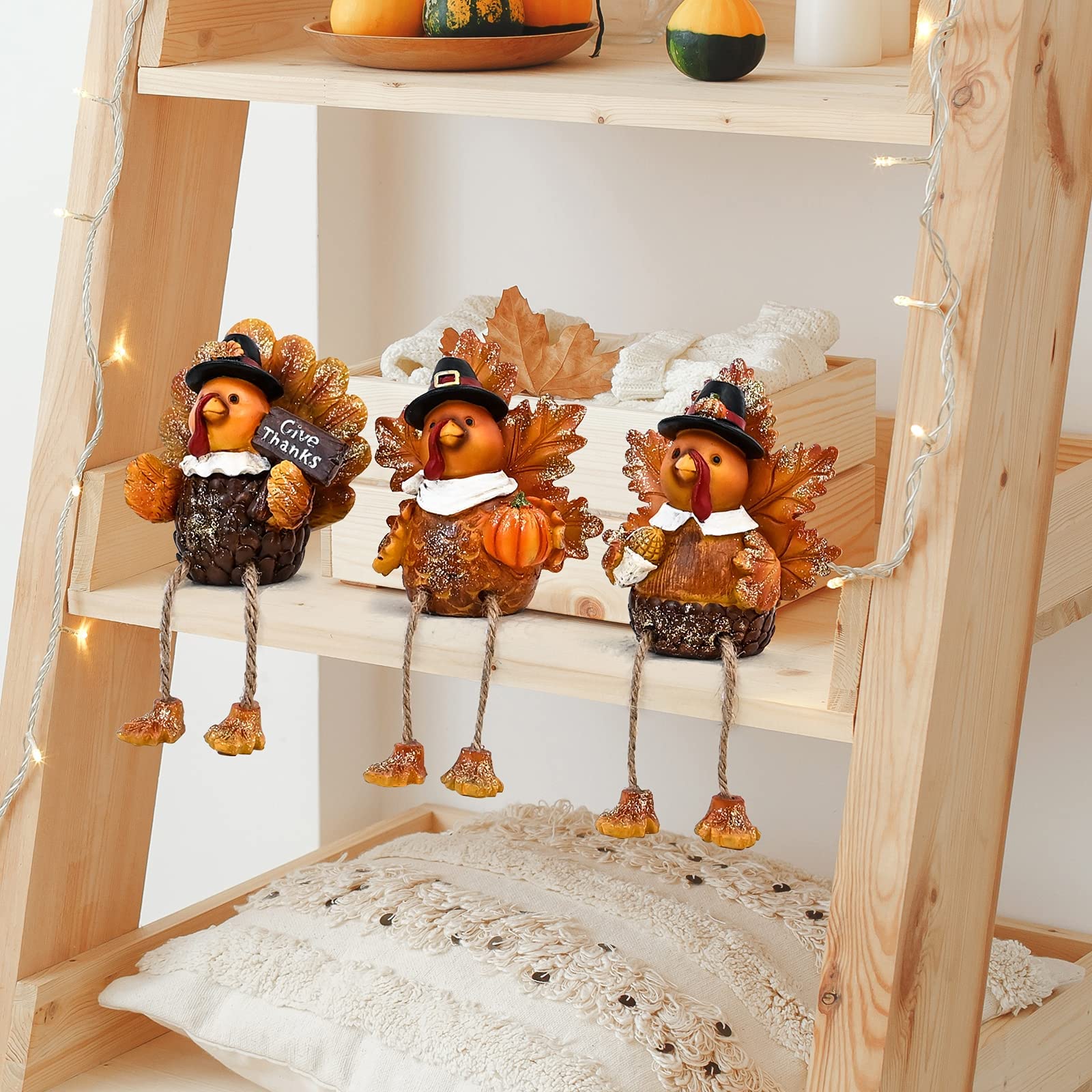 ALLADINBOX Thanksgiving Turkey Tabletop Centerpieces 3 Pcs Resin Pilgrim Turkey Figurines Thanksgiving Decorative Shelf Sitters with Dangling Legs, Harvest Fall Decor Home Kitchen Autumn Displays