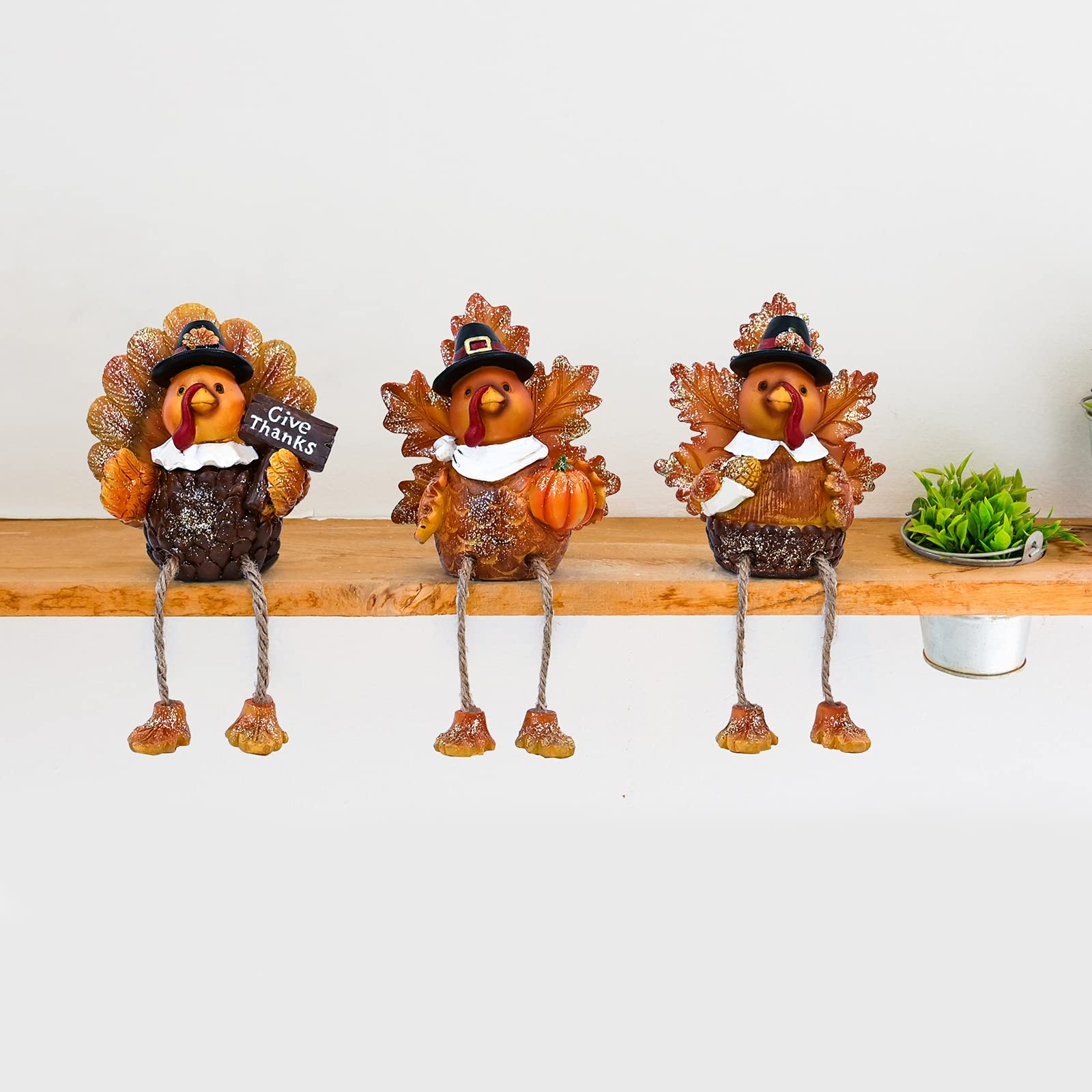 ALLADINBOX Thanksgiving Turkey Tabletop Centerpieces 3 Pcs Resin Pilgrim Turkey Figurines Thanksgiving Decorative Shelf Sitters with Dangling Legs, Harvest Fall Decor Home Kitchen Autumn Displays