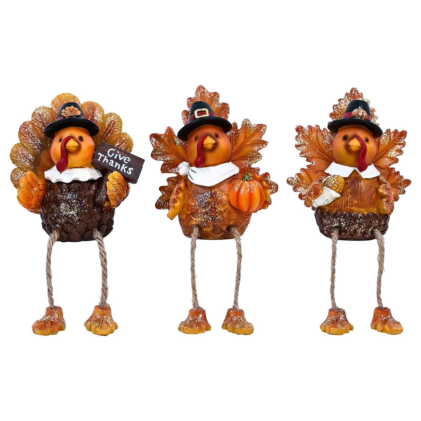 ALLADINBOX Thanksgiving Turkey Tabletop Centerpieces 3 Pcs Resin Pilgrim Turkey Figurines Thanksgiving Decorative Shelf Sitters with Dangling Legs, Harvest Fall Decor Home Kitchen Autumn Displays