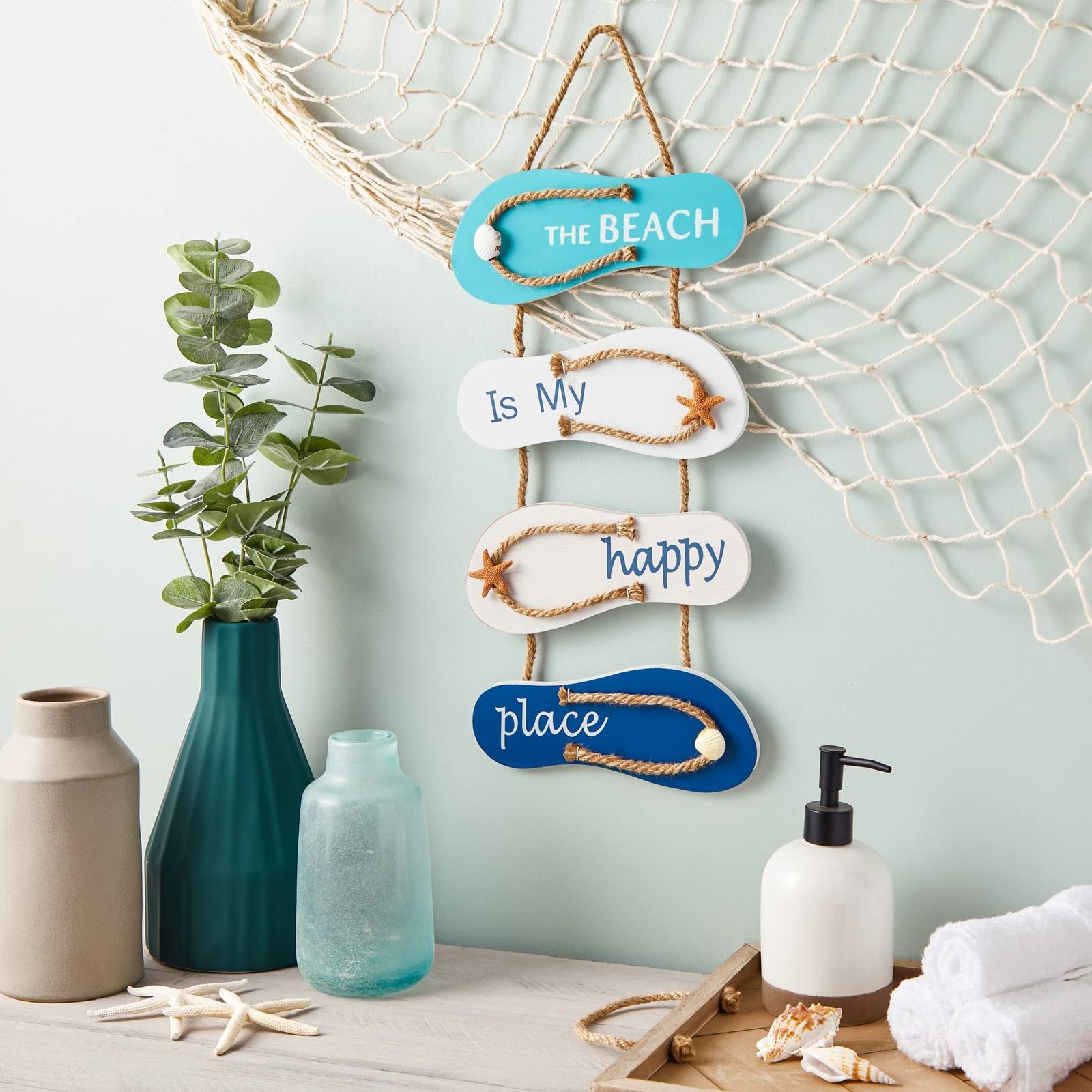 Juvale Wooden Beach Wall Hanging Decor Sign, Flip Flop Beach Decorations for Home, Bathroom, Living Room, Bedroom and Dining Room, The Beach is My Happy Place (8.7x20.9 In)