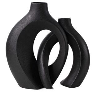 levvohd black hollow ceramic vase set of 2, snuggle round boho donut modern vase nordic minimalist decorative vase for modern trendy home table centerpiece decor (w 6.3" x h 8")