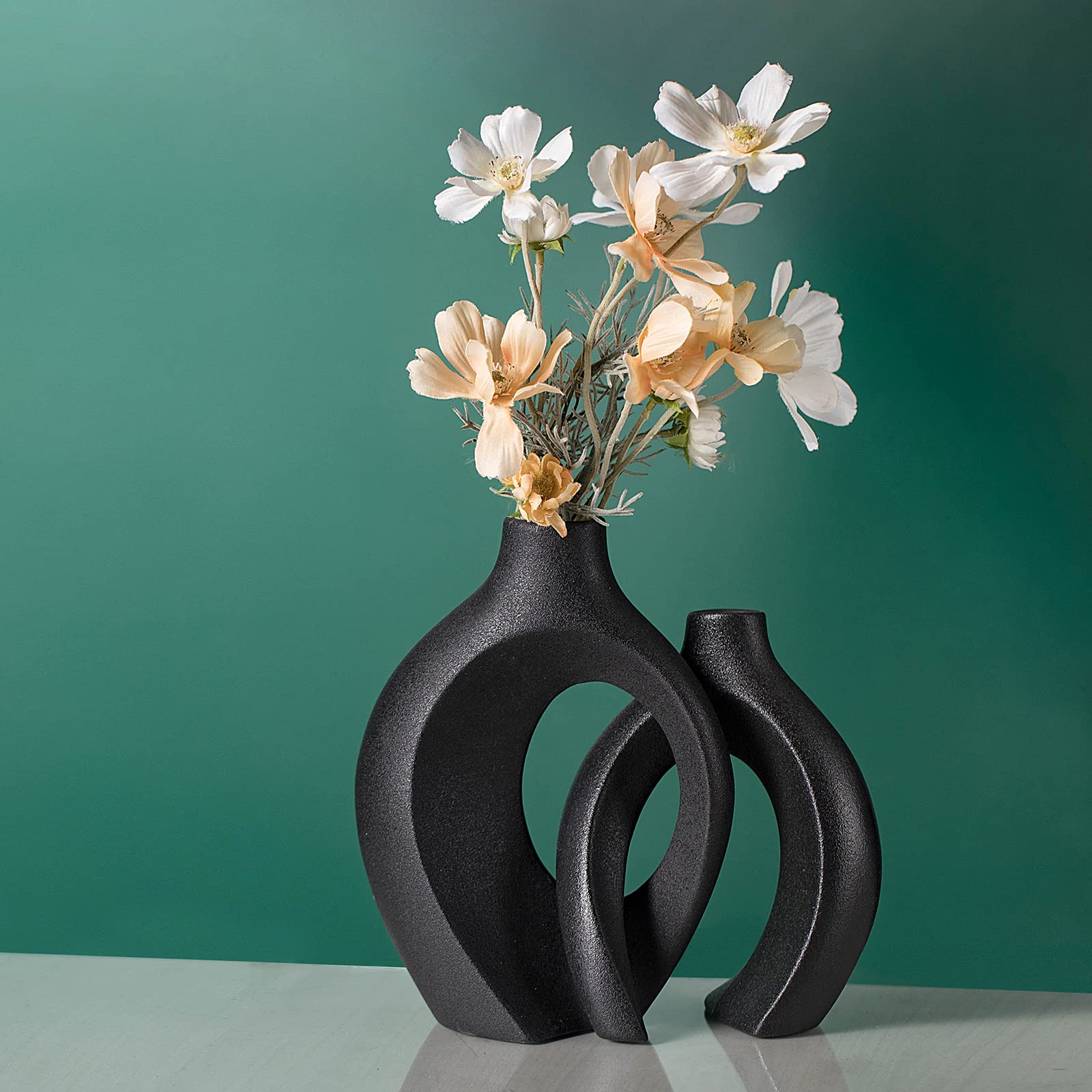 Levvohd Black Hollow Ceramic Vase Set of 2, Snuggle Round Boho Donut Modern Vase Nordic Minimalist Decorative Vase for Modern Trendy Home Table Centerpiece Decor (W 6.3" X H 8")