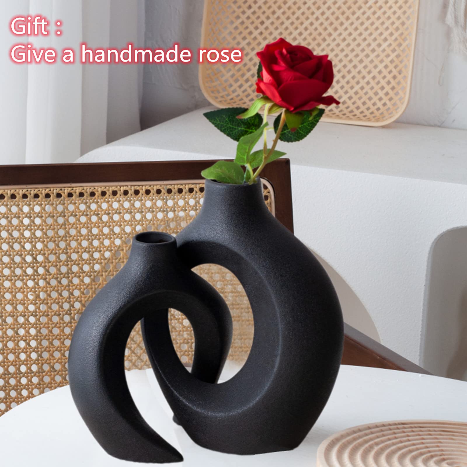 Levvohd Black Hollow Ceramic Vase Set of 2, Snuggle Round Boho Donut Modern Vase Nordic Minimalist Decorative Vase for Modern Trendy Home Table Centerpiece Decor (W 6.3" X H 8")