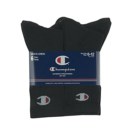 Champion Men's Double Dry Moisture Wicking Socks 6, 8, 12 Packs Availabe, Black Crew C-6 Pack, 6-12