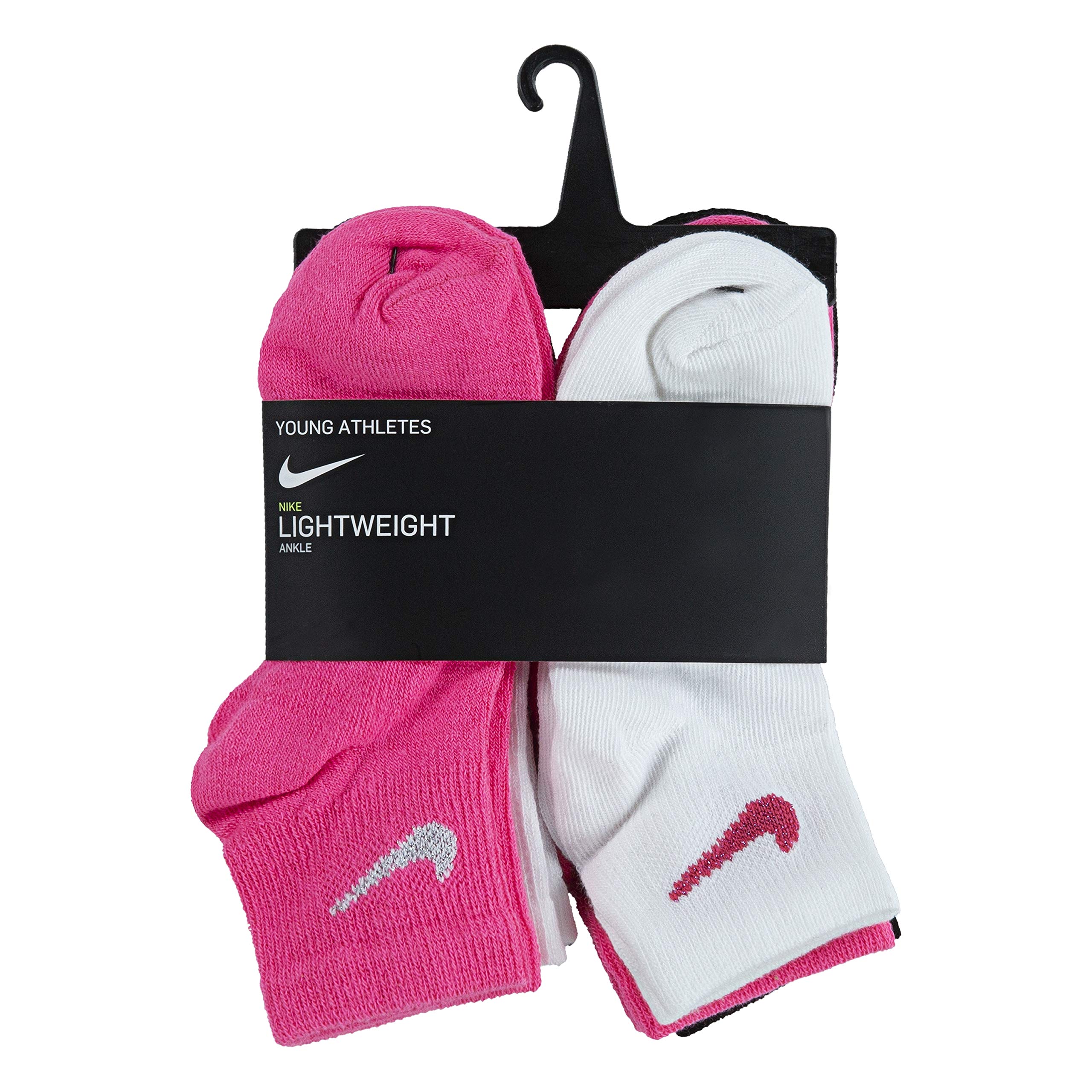 Nike Kids' Little Ankle Socks (6 Pairs), Pink Pow/White/Black Swoosh, 4/5