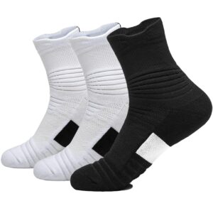 yoknatt performance ankle athletic socks elite youth basketball socks for mens womens boys girls mid crew socks cushioned running compression socks 3 pack black/white